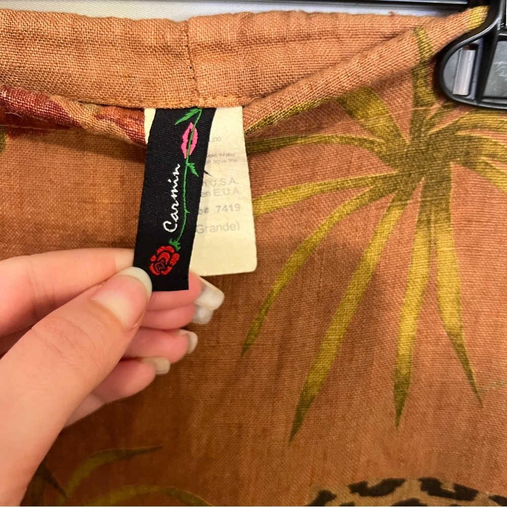 Women’s Tan Linen Skirt Palm Tree Leopard Flower Fringe Large Asymmetrical - Picture 5 of 9